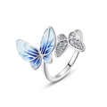 S925 sterling silver open ring featuring blue enamel and zircon butterfly details - Adjustable Open / Plique-à-jour Enamel