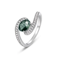 Bypass S925 silver ring with oval moss agate and pavé side stones in a minimalist style - US8# / Green Moss