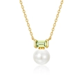 Elegant gold S925 silver necklace with rectangular green gemstone and white pearl pendant - 925 Silver / Freshwater Pearl