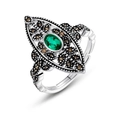 Vintage 925 sterling silver leaf ring with emerald green stone and oxidized carving - Lab-grown Emerald (RG021476) / 925 Silver