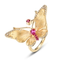 Goldener Schmetterlingsring mit gebürstetem Finish, rosa Edelsteinen und Diamanten - 925er Silber / Goldfarbe (Ring)