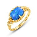 Anillo de plata S925 dorada con opale azul ovalado y circonitas estilo palacio retro - Abierto Ajustable / Ópalo azul