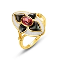 Anello fiore vintage in argento 925 con granato rosso, conchiglia e smalto - Regolabile / Granato Rosso