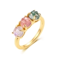 Golden three-stone ring featuring lavender, pink, and moss agate round gemstones - US6 / 10K Gold + Electrophoretic Lacquer