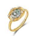 S925 silver moss agate ring in gold finish with oval green stone and zircon accents - Adjustable Open / Green Moss