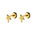 Nahaufnahme goldener Edelstahl-Ohrstecker in Sternform mit schwarzen Gummistoppern - Gold (1 Stk.)