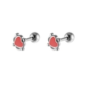 Macro detail of heart-shaped stainless steel ear piercings with red enamel and beaded edge - Silver Red