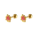 Close-up of golden heart stud earrings with red enamel and crown-shaped bead edges - Gold Red
