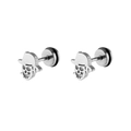 Detailed macro view of gothic stainless steel skull stud earrings with cowboy hats - Silver