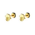 Detail view of gold-plated skull stud earrings with hat design and rubber-backed stoppers - Gold