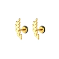 Detailed macro view of golden leaf-shaped stainless steel stud earrings with vein textures - Single Piece / Gold