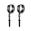 Unisex black stainless steel hoop earrings with dagger pendant charms on white background - Black
