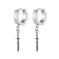 Detail shot of silver stainless steel hoop earrings with miniature dagger sword pendants - Silver
