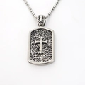 Vintage silver steel square dog tag pendant with embossed cross on box chain necklace - Silver