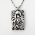 Gothic square pendant necklace with hooded figure and skull motif on box chain - Silver