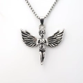 Vintage silver praying angel pendant necklace with a detailed feather wing wing design - Silver