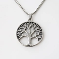 Minimalist silver life tree necklace with hollow circular pendant and square link chain - Silver