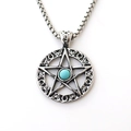 Collana con ciondolo pentacolo vintage in argento con turchese e catena box - Argento