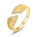 Vintage gold S925 silver leaf ring with pavé diamonds and intricate brushed texture - Adjustable Open / 10K Gold