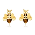 Exquisite S925 silver bee stud earrings featuring brushed gold finish and tiger eye stones - 925 Silver / 10K Gold Color with Lacquer