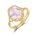 Eleganter vergoldeter S925 Silberring mit pinkem Oval-Kristall und floralen Blüten - Einstellbar Offen / Natürlicher Rosenquarz