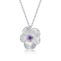 Handcrafted brushed silver necklace featuring a 3D flower pendant with purple zircon - Pendant with Chain / 925 Silver