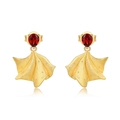 French retro gold fan-shaped ginkgo leaf earrings with pear-cut red garnets - 925 Silver / Red Garnet