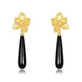 Orecchini a orchidea in oro spazzolato con pendenti in agata nera e zirconi trasparenti - Argento 925 / Onice nera naturale
