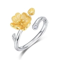 New Chinese style S925 silver open ring with brushed gold flower and clear zircon stone - Adjustable Open / March Peach Blossom Style (RG022984)