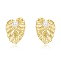Golden brushed monstera leaf earrings with white pearls on a reflective white background - Monstera Leaf Earrings (ER023848) / 925 Silver
