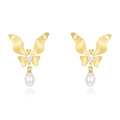 Brushed gold butterfly earrings with marquise zircon and drop pearl accents - 925 Silver / Gold