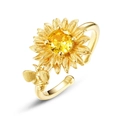S925 silver sunflower open ring with yellow zircon and bee detail on white background - Adjustable Open / July Sunflower Style (RG022921)