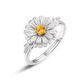 S925 sterling silver daisy ring with brushed petals and yellow crystal stone - Adjustable Open / Silver-Gold Mix
