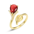 Anillo vintage de plata S925 con granate rojo y acabado de hoja de oro cepillado - Abierto Ajustable / Granate