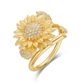 Handcrafted gold-plated sunflower ring featuring white pavé zircon stones and brushed texture - 925 Silver / Gold (Sunflower Ring)