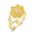 Anello di peonia in argento S925 placcato oro con zircone e trama di rami spazzolati - Aperto Regolabile / Oro 10K