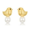Kreative handgefertigte Vogel-Ohrringe in gebürstetem Gold mit runden weißen Perlen - Muschelperle (10K Gold Vergoldet) / 925er Silber