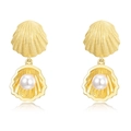 Elegant gold shell pearl drop earrings with textured brushed finish on white background - Shell Pearl Style