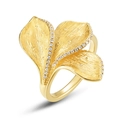 Handcrafted brushed gold leaf ring with micro-set zircons on silver leaf edges - Ring (10K Gold Plated)