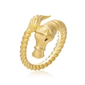 Anello testa di cavallo in argento sterling S925 con finitura dorata spazzolata e fascia a fune - Aperto Regolabile / Placcato Oro 10K