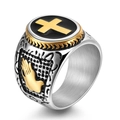 Detailed close-up of a titanium cross ring featuring gold praying hands on a black background - US 7 / Two-tone (Gold & Silver)