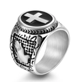 Vintage titanium steel cross ring with black enamel and engraved praying hands for men - US 7 / Silver