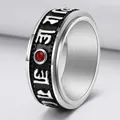 Rotating stainless steel punk ring with black enamel, red zircon, and mantra relief - US 6 / Silver