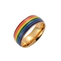 Minimalist rainbow enamel stripe ring in gold-plated stainless steel shown at a 45-degree angle - US 6 / Gold