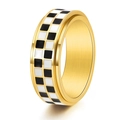 Goldener Spinner-Ring mit schwarz-weißem Schachbrett-Emaille auf weißem Hintergrund - US 6 / Gold