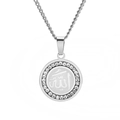 Titanium steel round pendant necklace with Allah Arabic calligraphy and cubic zirconia crystals - Silver With Chain