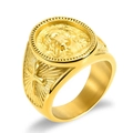 Anello sigillo uomo in acciaio placcato oro con rilievo di Gesù e croce laterale - US 7 / Oro
