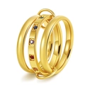 Macro detail of triple-interlocked 18K gold plated rings with five-color square crystals - US 5 / Golden Colored Diamond Style