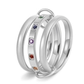 Detailed macro of silver interlocking triple ring set with five colorful gemstones - US 5 / Silver Base Rainbow Zircon Style