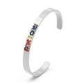 Poliertes C-förmiges Manschettenarmband aus Titanstahl mit Regenbogen Pride Gravur - Silber